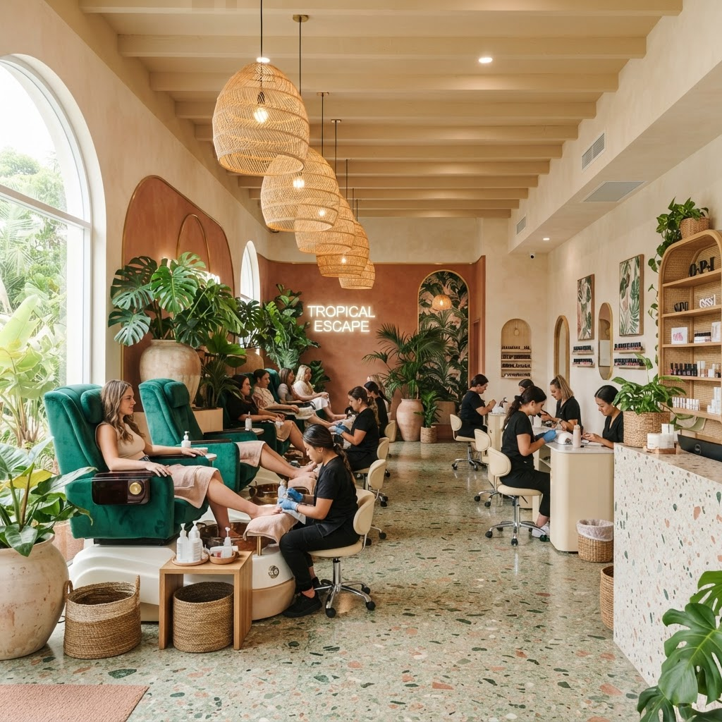 Interior of Beliza Serenity Nails & Spa with lush plants and warm lighting