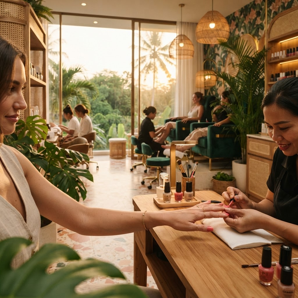Hands receiving a manicure inside a lush tropical-themed nail salon