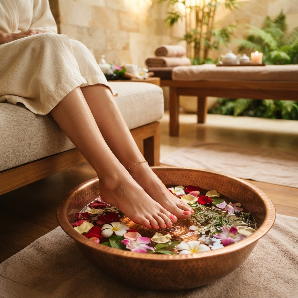 Coral pedicure with rose petals in a foot bath