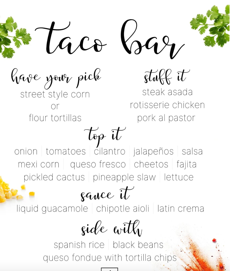 Rent The Chef taco bar menu card